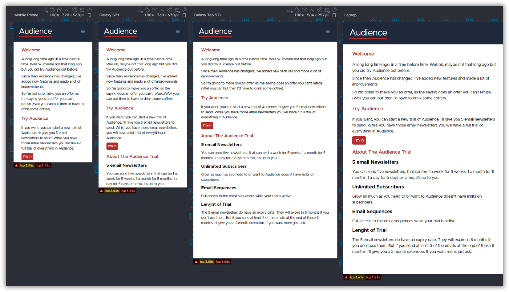 A screenshot of Polypane debugging a page on the new Audience website. It shows 4 views of the same page.