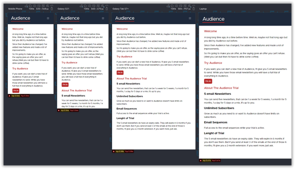 A screenshot of Polypane debugging a page on the new Audience website. It shows 4 views of the same page.